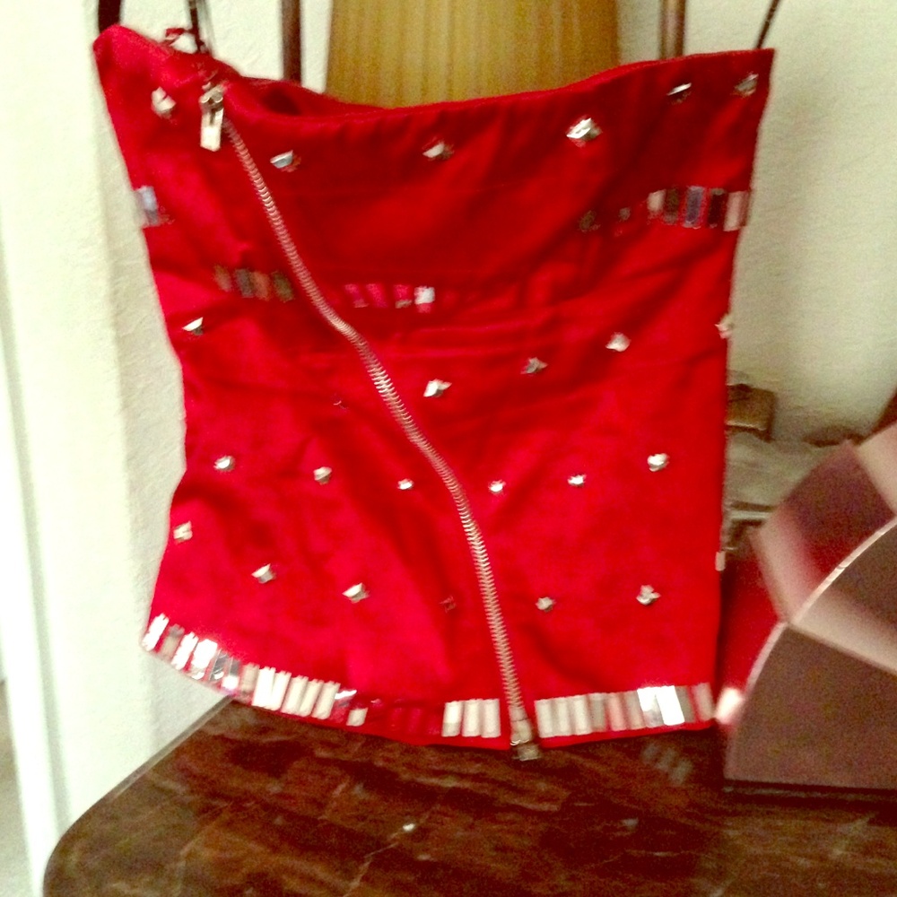 bebe Red Sequin Strapless Zip-Front Bustier Top y2k vintage